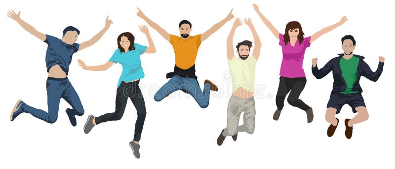 Groupe de personnes dans un saut Jeunesse gaie dans le ciel sur des trempolines Les amis sautent Les jeunes heureux Illustration illustration stock Groupe de personnes dans un saut Jeunesse gaie dans le ciel sur des trempolines Les amis sautent Les jeunes heureux Illustration illustration stock