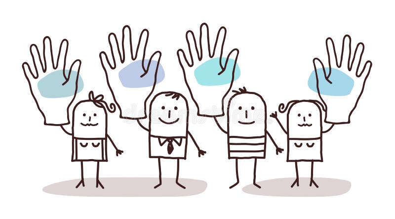 Groupe de personnes de bande dessinée disant OUI avec les mains augmentées illustration de vecteur Groupe de personnes de bande dessinée disant OUI avec les mains augmentées illustration de vecteur