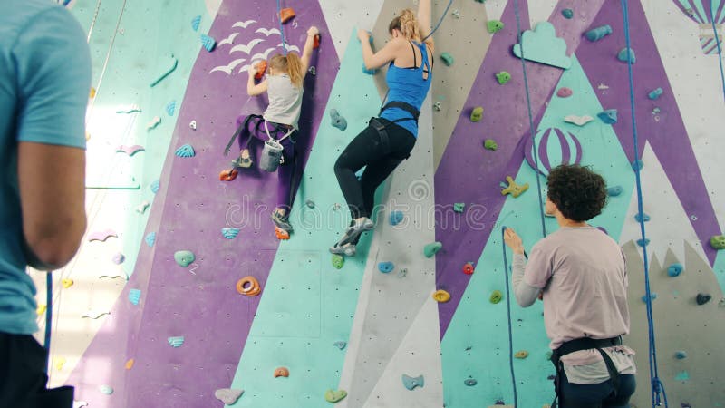 Groupe de personnes le mur d'escalade artificielle et l'assiégeant de la terre à l'intérieur clips vidéos