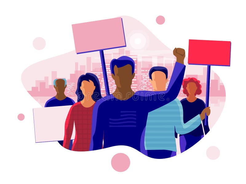 Group of people men women protesters standing together and protesting. Activists holding blank banner boards. People taking part in parade or rally. Flat vector cartoon illustration with city skyline. Group of people men women protesters standing together and protesting. Activists holding blank banner boards. People taking part in parade or rally. Flat vector cartoon illustration with city skyline