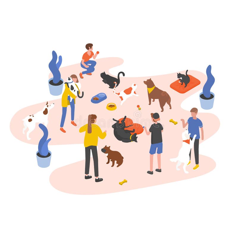 Groupe de personnes ou volontaires alimentant des animaux familiers et jouant avec eux dans le refuge pour animaux, la livre, la illustration de vecteur Groupe de personnes ou volontaires alimentant des animaux familiers et jouant avec eux dans le refuge pour animaux, la livre, la illustration de vecteur