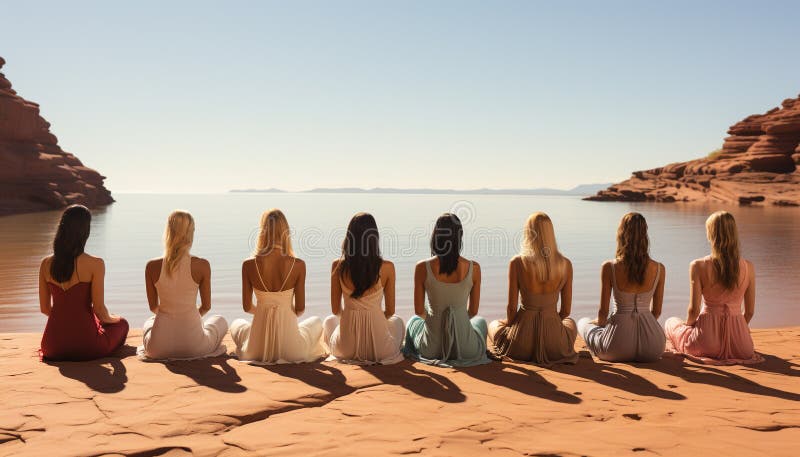 Group of people enjoying summer vacations, sitting on sand, outdoors generated by artificial intelligence AI generated. Group of people enjoying summer vacations, sitting on sand, outdoors generated by artificial intelligence AI generated