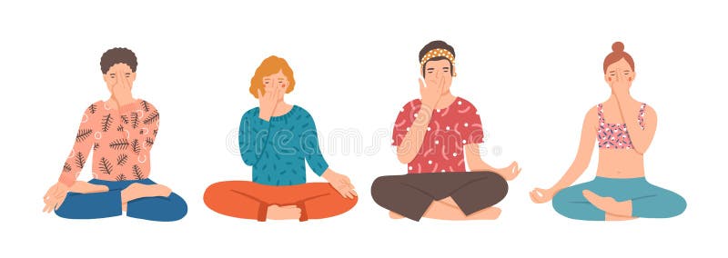 Groupe de personnes s'asseyant en tailleur sur le plancher et exécutant l'exercice de respiration de yoga Pratique en matière de illustration stock Groupe de personnes s'asseyant en tailleur sur le plancher et exécutant l'exercice de respiration de yoga Pratique en matière de illustration stock
