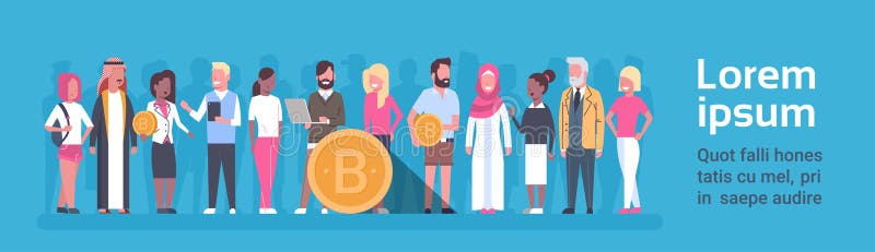 Groupe de personnes tenant une bannière horizontale dorée avec Bitcoin, concept moderne d'argent web, crypto-monnaie numérique illustration libre de droits