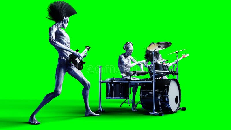 Groupe de rock étranger drôle Basse, tambour, guitare Shaders réalistes de mouvement et de peau rendu 3d illustration stock Groupe de rock étranger drôle Basse, tambour, guitare Shaders réalistes de mouvement et de peau rendu 3d illustration stock