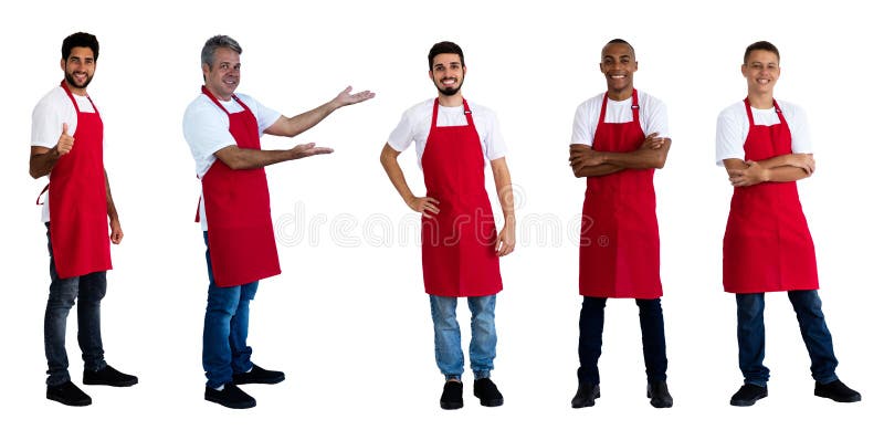 Group of 5 friendly male waiters and clerks isolated on white background for cut out. Group of 5 friendly male waiters and clerks isolated on white background for cut out