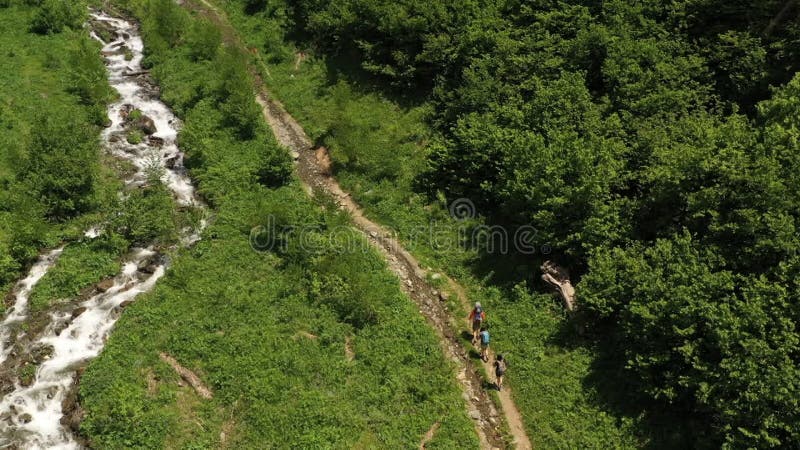 Groupe de touristes pour faire de la randonnée pédestre le long d'un ruisseau de montagne rapide Vue aérienne banque de vidéos