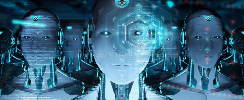 Groupe de têtes masculines de robots utilisant le rendu numérique des écrans 3d d'hologramme illustration libre de droits Groupe de têtes masculines de robots utilisant le rendu numérique des écrans 3d d'hologramme illustration libre de droits