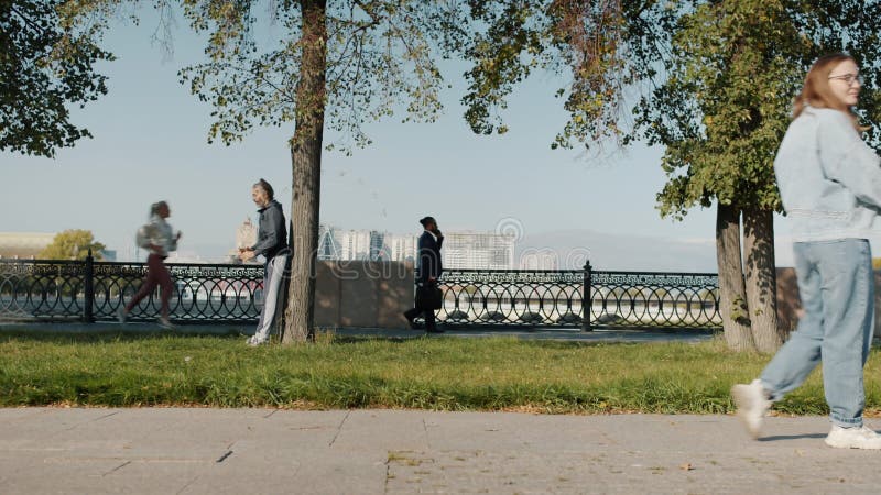 Groupe diversifié d'hommes et de femmes se déplaçant dans le parc de la ville avec le transport bébé et chien et les sportifs jogg banque de vidéos