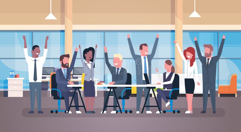Groupe heureux de Team Sitting Together At Desk d'affaires gaies d'hommes d'affaires réussis avec les mains augmentées dans moder illustration libre de droits Groupe heureux de Team Sitting Together At Desk d'affaires gaies d'hommes d'affaires réussis avec les mains augmentées dans moder illustration libre de droits