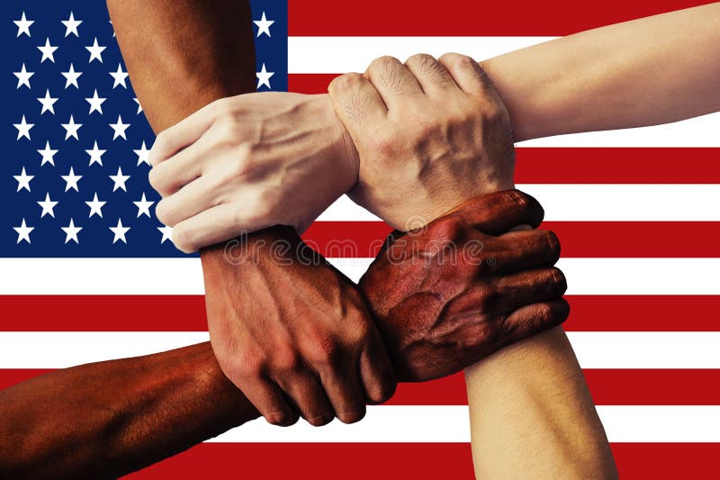 Groupe multiculturel de drapeau des Etats-Unis de diversité d'intégration des jeunes photos libres de droits