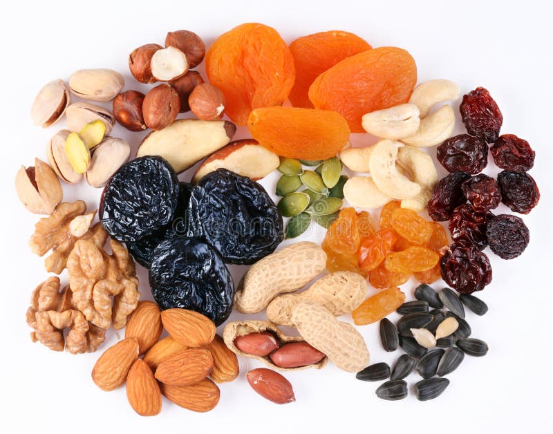 Groups of various kinds of dried fruits