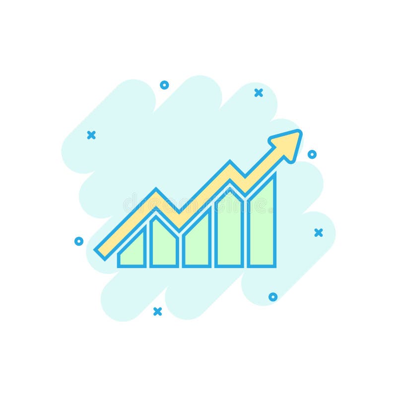 Growing bar graph icon in comic style. Increase arrow vector cartoon illustration pictogram. Infographic progress business concept