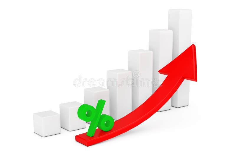 Growing Business Bar Chart with Rising Red Arrow and Percent Sign. 3d Rendering