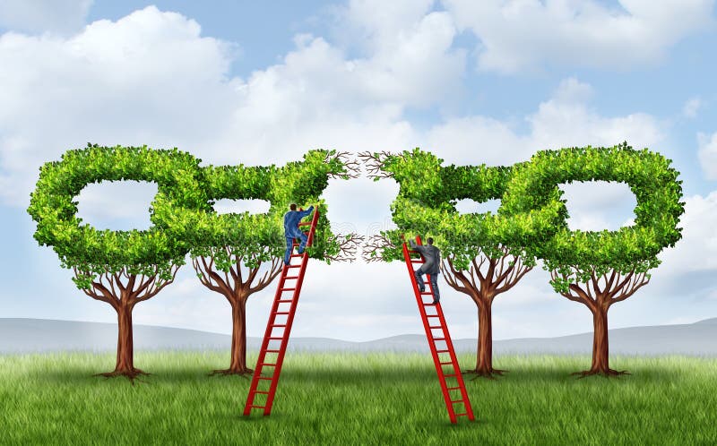 Growing A Business Partnership. And repairing a connected network as a group of trees in the shape of a chain link that is broken is being fixed by two vector illustration Growing A Business Partnership. And repairing a connected network as a group of trees in the shape of a chain link that is broken is being fixed by two vector illustration