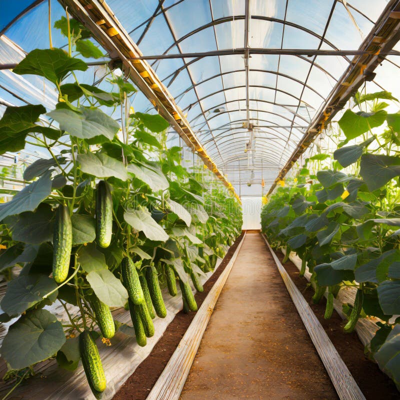 Growing Cucumbers in a Greenhouse. Fresh Cucumbers Hang on Bushes