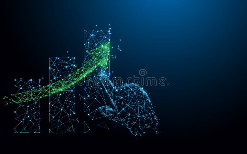 Growing graph and hand from lines, triangles and particle style design vector illustration