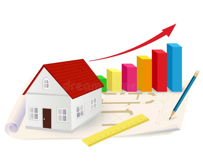 Growing graph with house, ruler and pencil vector illustration