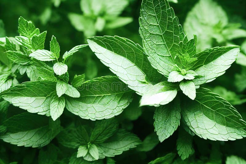 Growing Green Peppermint Herb Leaves Closeup Background 3D Render