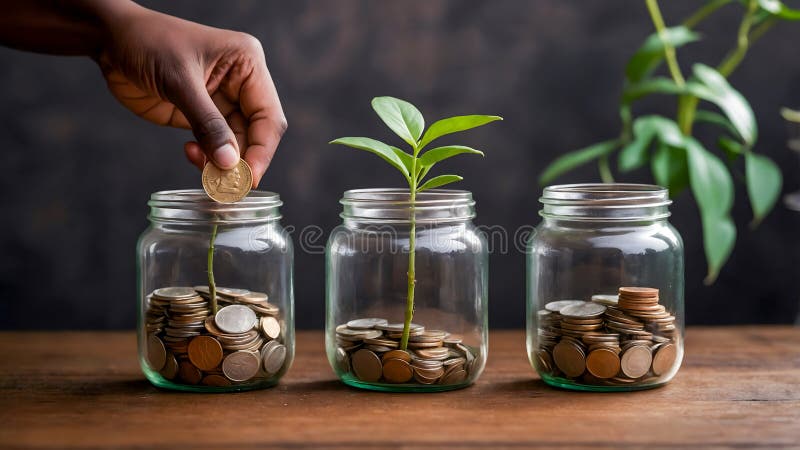 Growing Investment Concept with Coins, Plant, and Clear Jars Representing Financial Growth and Savings stock photos