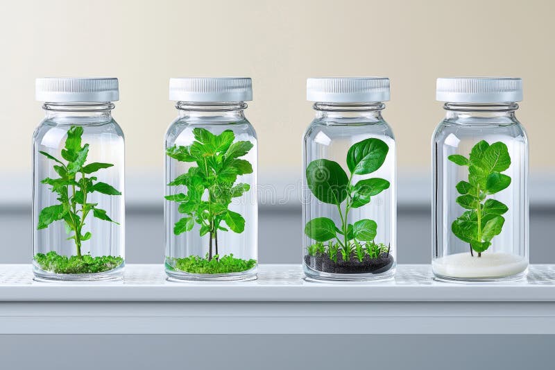 Growing plants in glass containers within a laboratory setting. royalty free stock photo