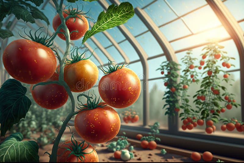 Growing Tomatoes in a Greenhouse. Generative AI Stock Photo Image of