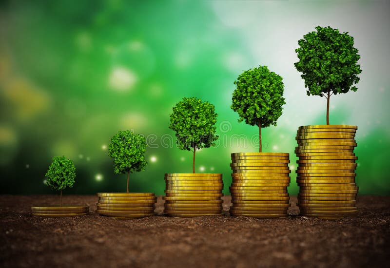 Growing Trees on Rising Gold Coin Stacks. 3D Illustration Stock