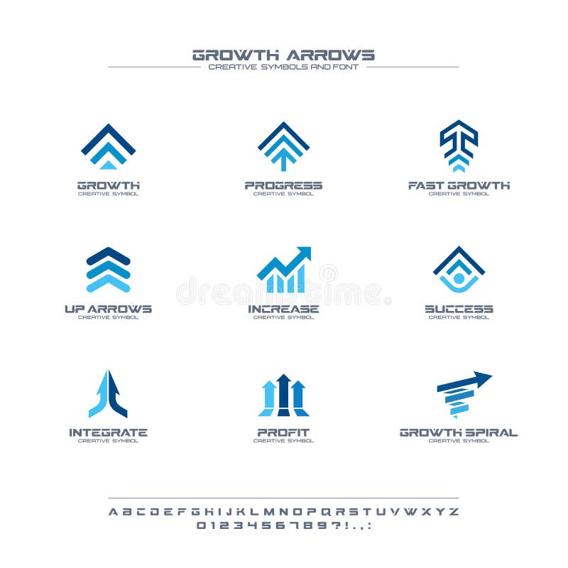 Growth arrows creative symbols set, font concept. Finance profit, bank, stock market abstract business logo. Increase