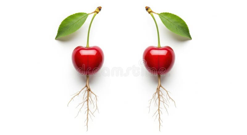 Growth Concept - Two Cherries with Roots on a White Background stock illustration