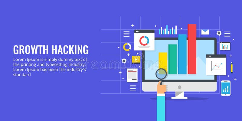 Growth hacking, business development, marketing strategy planning, businessman analyzing growth. Flat design vector banner. vector illustration Growth hacking, business development, marketing strategy planning, businessman analyzing growth. Flat design vector banner. vector illustration