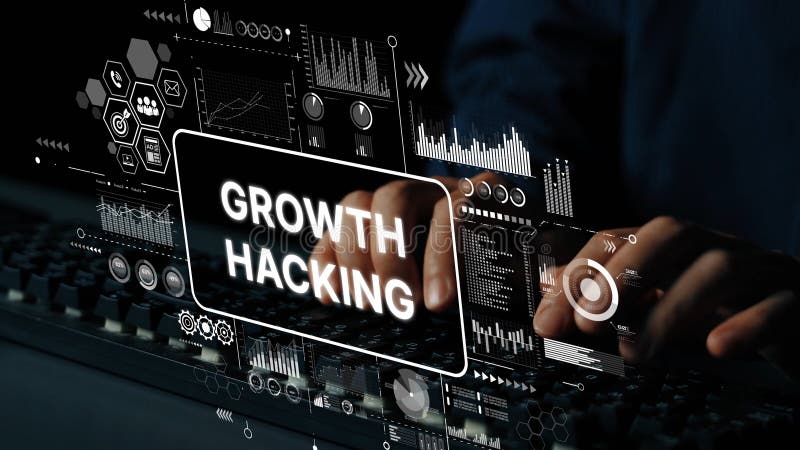 Growth Hacking Concept with Digital Interface and Data Analytics in Dark Environment. Asymptotic smart data analytic stock photos