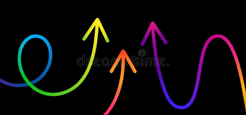 Growth Up Gradient Arrows. Vector Neon Color Line Arrows on Black Background. Abstract Business Concept Graphic. Dynamic Rainbow stock illustration