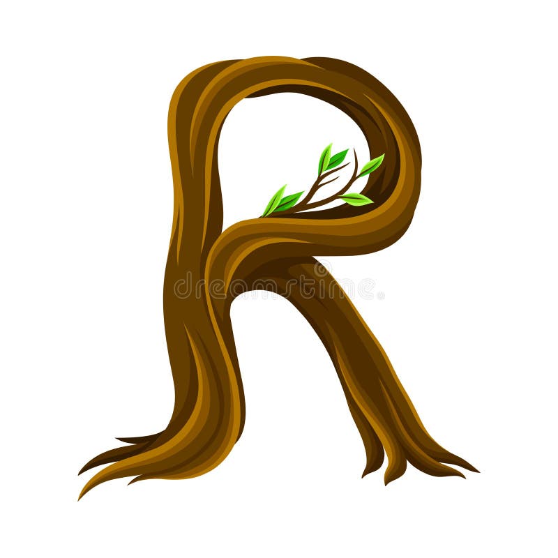 Großbuchstabe R als Waldalphabetsymbol vereinbart vom Baumstamm und der Niederlassungsvektorillustration