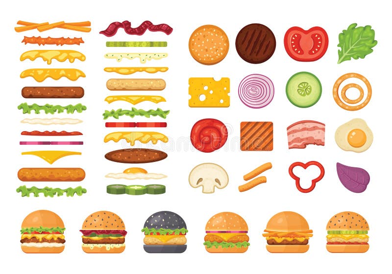 Große Auswahl von Vektorzutaten für Burger- und Sandwich-Top-Ansicht und Vorderseite Elemente für verschiedene Burger, die auf