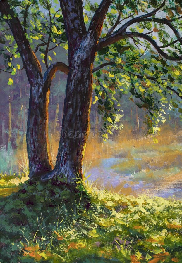 Big trees on sun russian morning on river landscape fine art hand painted acrylic painting expressionism artwork nature. Big trees on sun russian morning on river landscape fine art hand painted acrylic painting expressionism artwork nature
