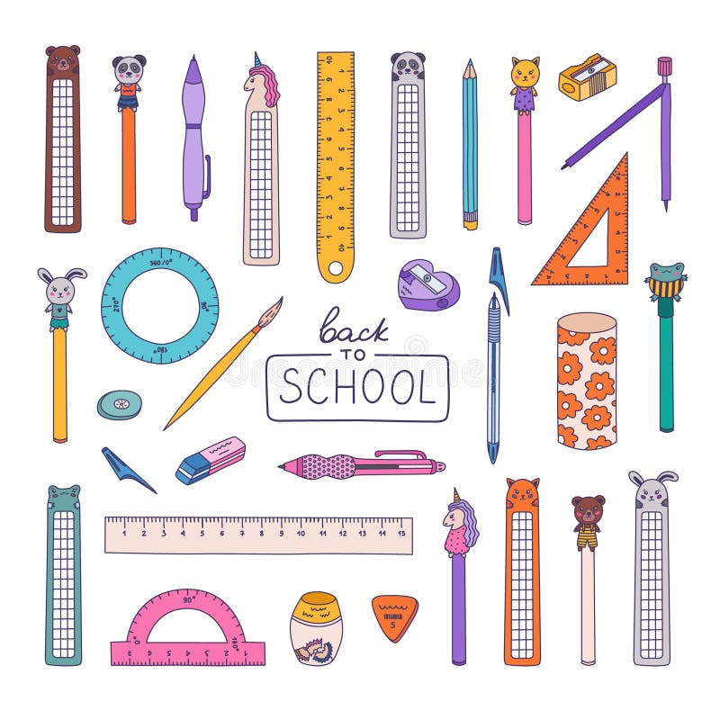 Große farbenfrohe Doodle-Set mit handgezeichneter Kontur zurück zur Schreibmaschine. Sammlung von Lineal-Protraktor stock abbildung