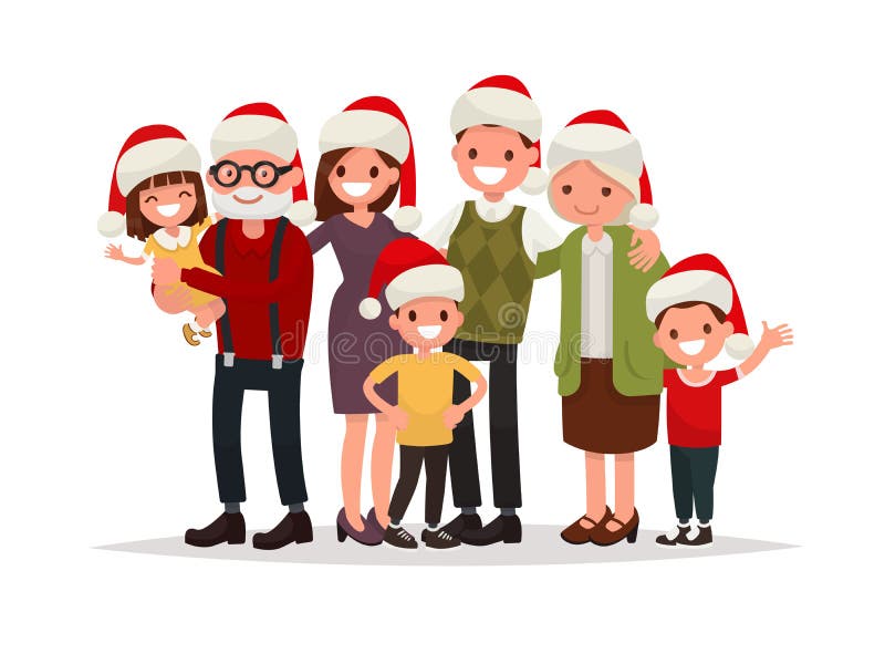 Große glückliche Familie in den Weihnachtshüten Großeltern, Eltern und ch lizenzfreie abbildung Große glückliche Familie in den Weihnachtshüten Großeltern, Eltern und ch lizenzfreie abbildung