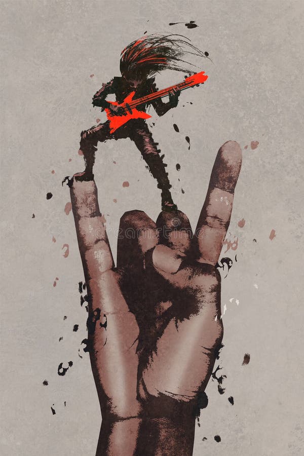 Große Hand im Zeichen des Rocks n Rollenmit Gitarristen lizenzfreie abbildung Große Hand im Zeichen des Rocks n Rollenmit Gitarristen lizenzfreie abbildung