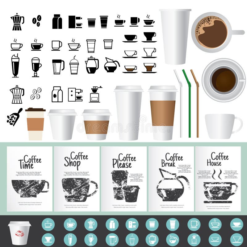 Große Kaffee- und Teeikonen und Gruß-Kartensatz lizenzfreie abbildung Große Kaffee- und Teeikonen und Gruß-Kartensatz lizenzfreie abbildung