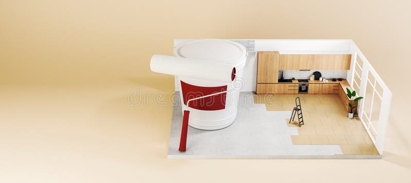 Große Lackeimer mit Rollen und Kücheninnenraum unter Renovierungsleiter und Werkzeuge im Hintergrund 3D Rendering. Eine große Farbeimer und Rolle neben einer teilweise renovierten Küche mit Leiter. hellbeigefarbener Hintergrund. Konzept der Verbesserung des Wohnungsbaus 3d-Darstellung