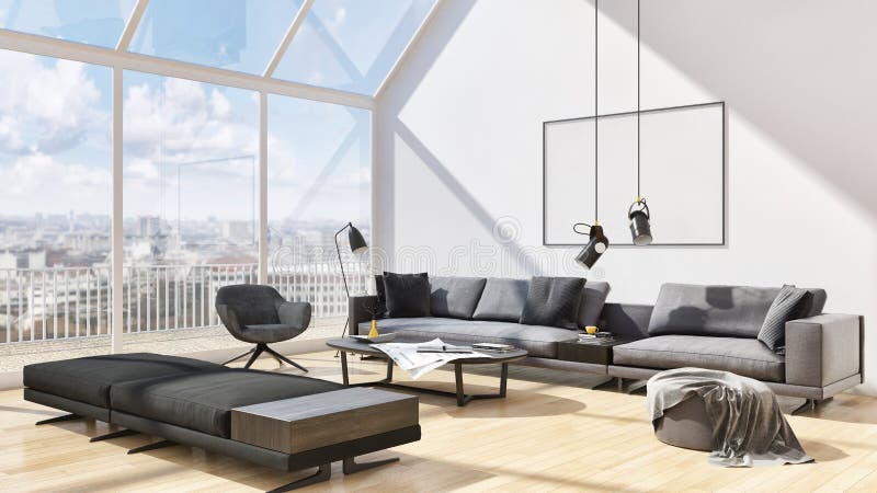 Große moderne helle Innenraum Wohnzimmerluxusillustration 3D vektor abbildung