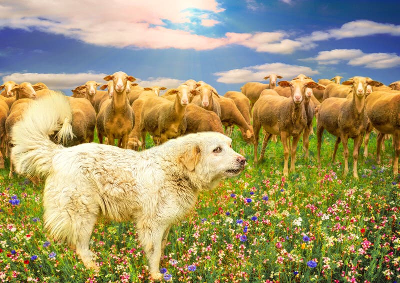 Große Pyrenäen-Hund und Gruppe Schafe auf einem bunten mehrfarbigen Feld von Blumen in der Sonne stockbilder Große Pyrenäen-Hund und Gruppe Schafe auf einem bunten mehrfarbigen Feld von Blumen in der Sonne stockbilder