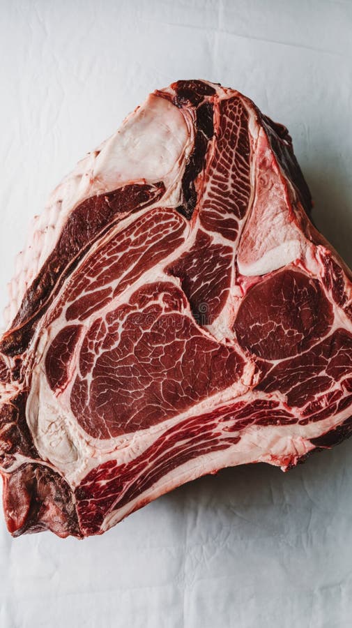 Große Rippenbraten auf weißem Hintergrund roter Farbmarmorn mit Knochen exponiert stock abbildung