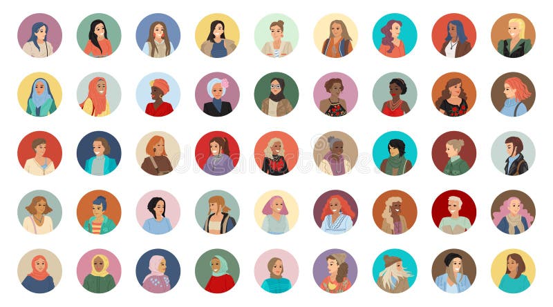Große Satz Porträtfrauen, Haufen mit Avataren von verschiedenen Nationalitäten der Mädchen und Rasse Runde Portraits Vektor lizenzfreie abbildung Große Satz Porträtfrauen, Haufen mit Avataren von verschiedenen Nationalitäten der Mädchen und Rasse Runde Portraits Vektor lizenzfreie abbildung