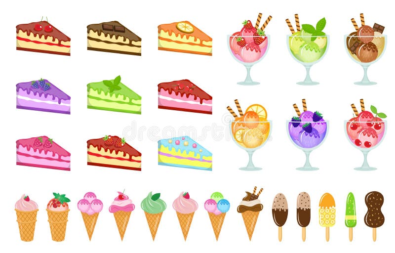 Große Satzikonen der Bonbons, Kuchen und Eiscreme, Käsekuchen, Nachtisch in einer Glasschale, Karikaturart Kuchen von verschieden lizenzfreie abbildung Große Satzikonen der Bonbons, Kuchen und Eiscreme, Käsekuchen, Nachtisch in einer Glasschale, Karikaturart Kuchen von verschieden lizenzfreie abbildung