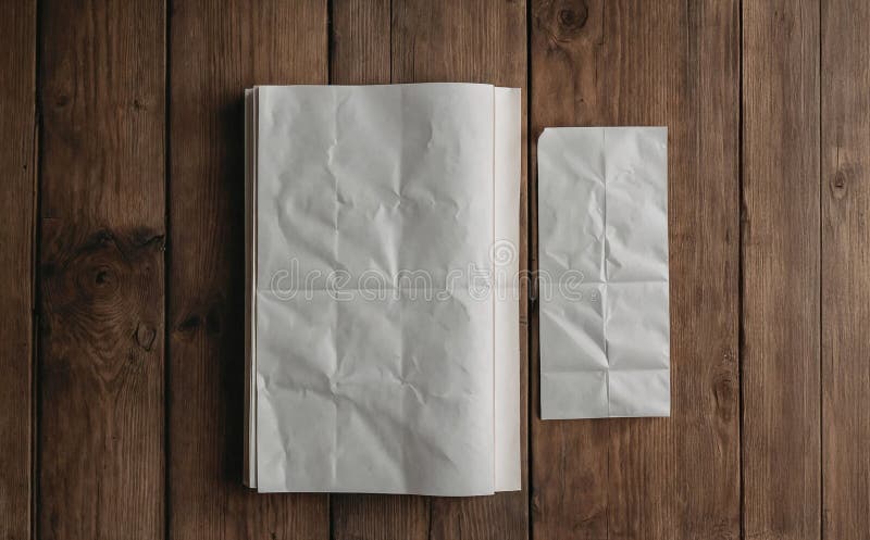 Große und schmale, auf rustikalen Holzplanken mit Tageslicht bedruckte weiße Papierblätter lizenzfreie abbildung
