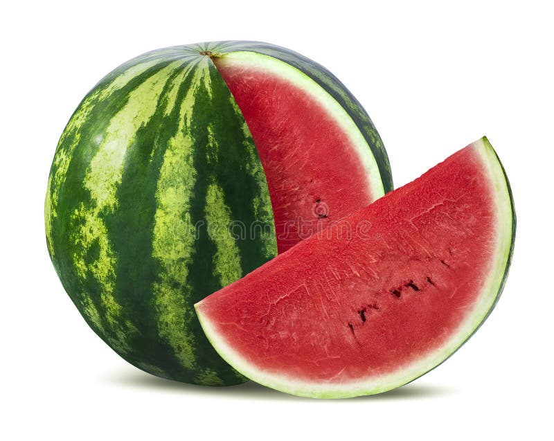 Große Wassermelone und Scheibe auf weißem Hintergrund stockfoto