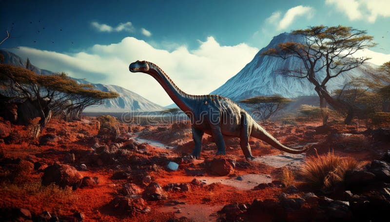 Großer Brontosaurus in rauer Landschaft. generiertes Bild lizenzfreie abbildung