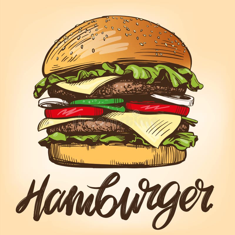Großer Burger, Vektorillustrations-Skizzenretrostil des Hamburgers Hand gezeichneter