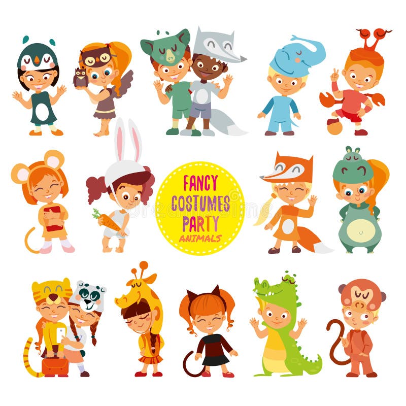 Big icon set of cute boys and girls in animals costumes for masquerade party. Kids as rabbit, monkey, giraffe, mouse, tiger, cat, panda bear,koala, wolf,fox. Vector illustrations isolated on white background. Big icon set of cute boys and girls in animals costumes for masquerade party. Kids as rabbit, monkey, giraffe, mouse, tiger, cat, panda bear,koala, wolf,fox. Vector illustrations isolated on white background